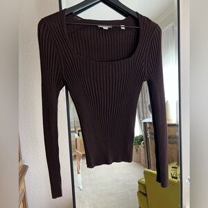 Vince Deep Scoop Brown Ribbed Knit Wool Long Sleeve